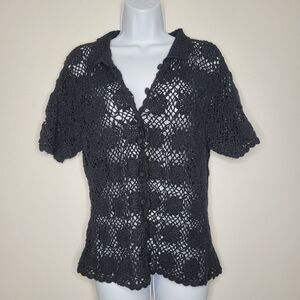 Vintage 90s black crochet button front short sleeve top size Xl
